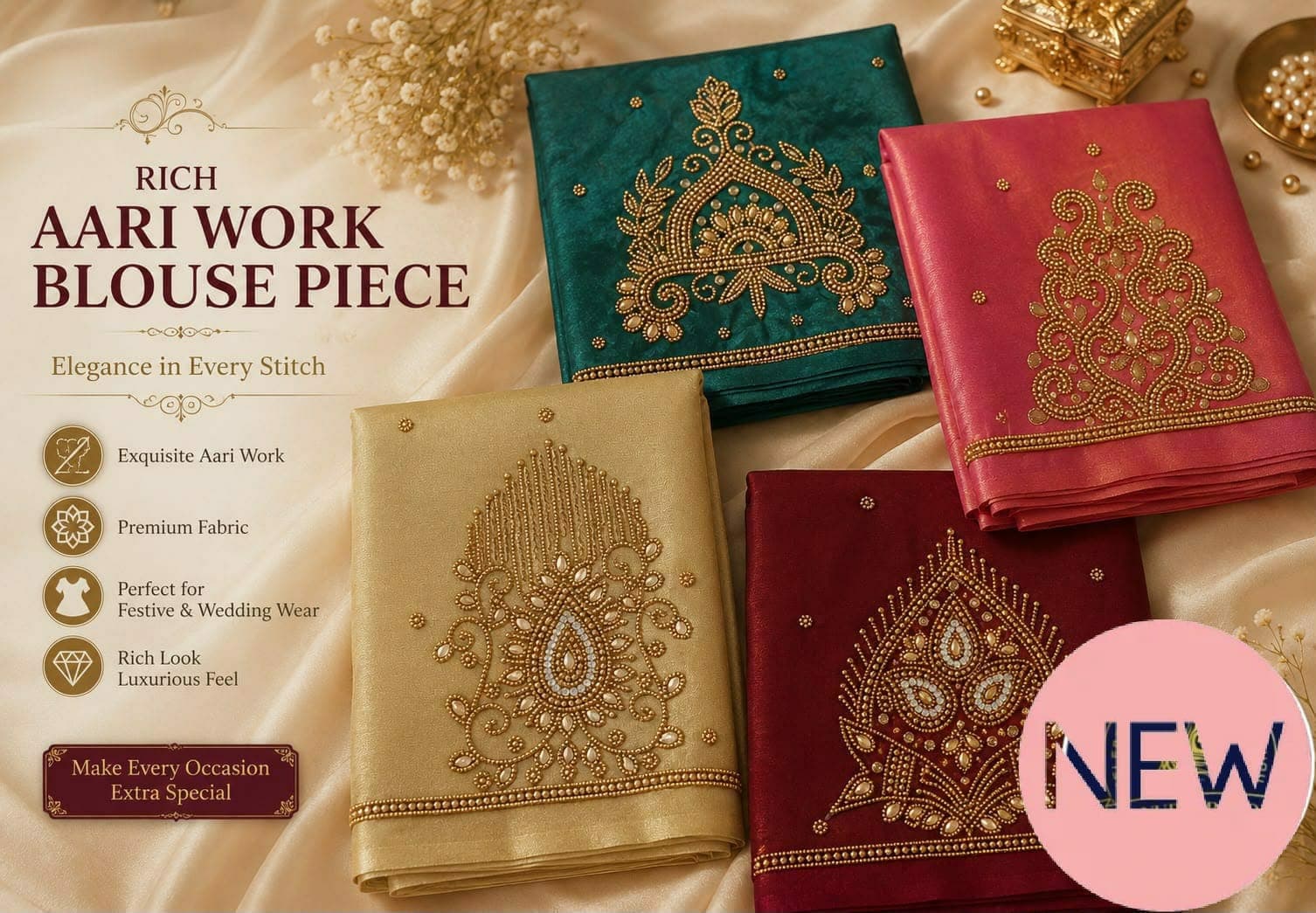 Aari Work Blouse Piece (4 Colours)