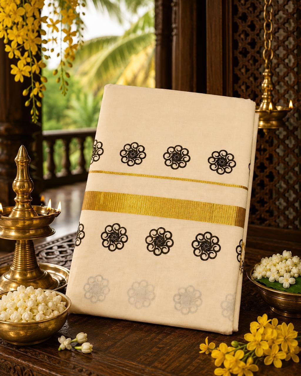Kerala Onam Saree - Black Floral Motif