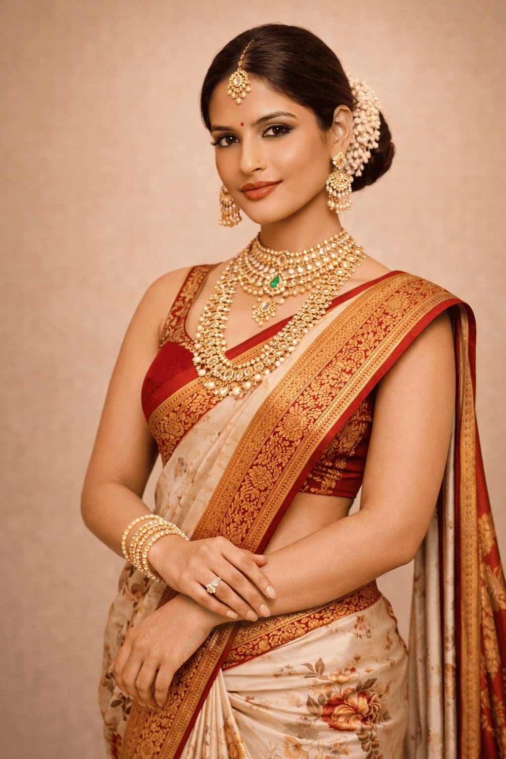 Traditional elegance — golden saree paired with antique jewellery from Mayuri Trendz