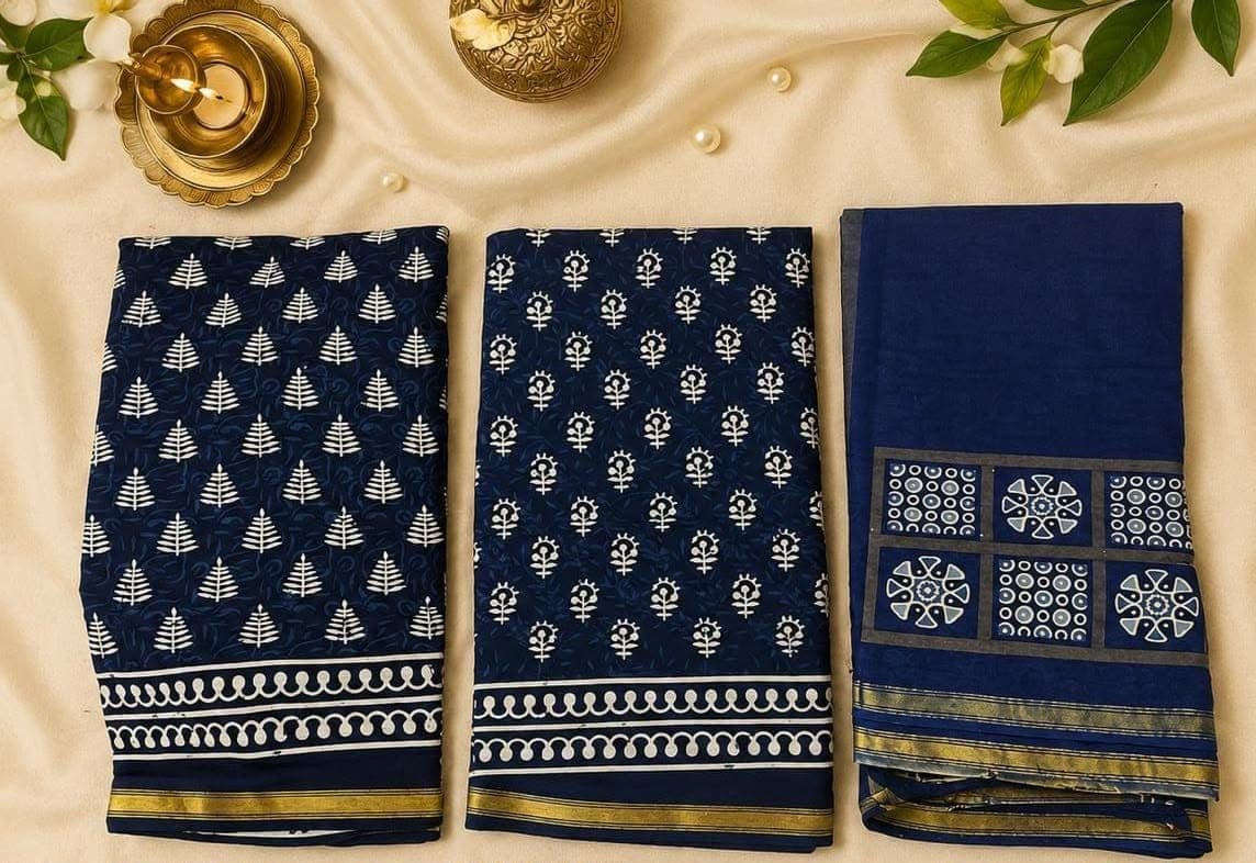 Indigo Block Print Cotton Saree