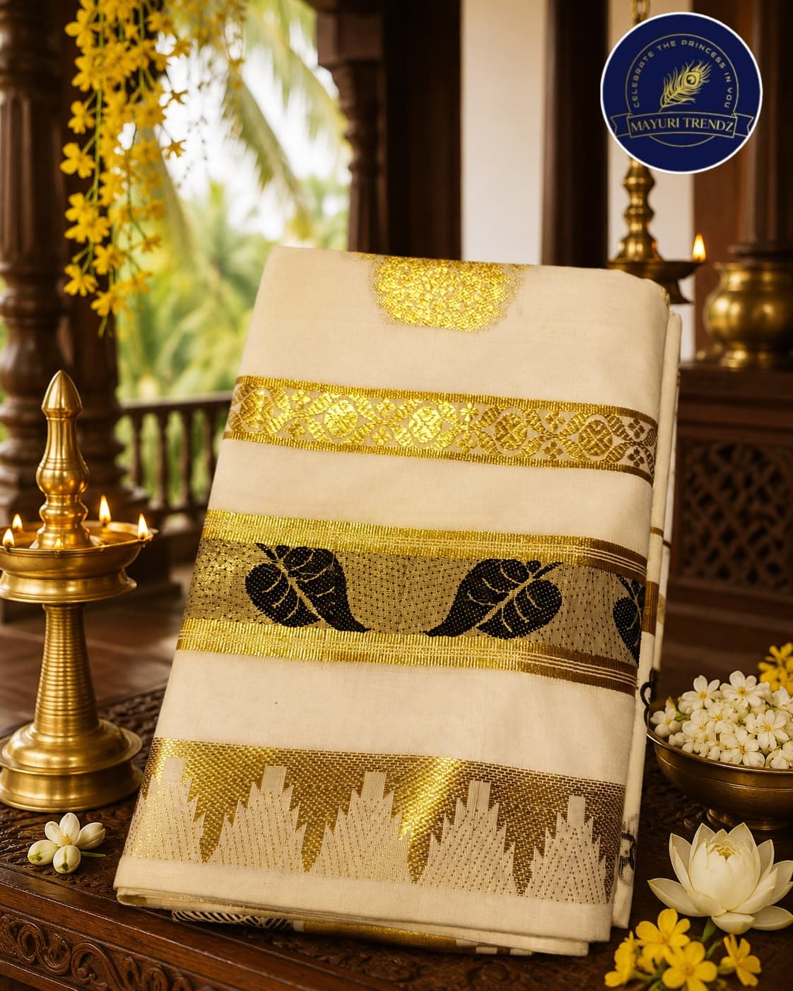 A handwoven cotton saree with a traditional kasavu border, styled for a festive occasion