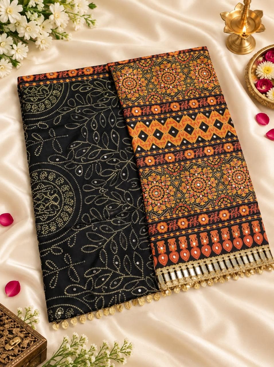 Mirror Work Bandhani Saree with Ajrakh Pallu - Black