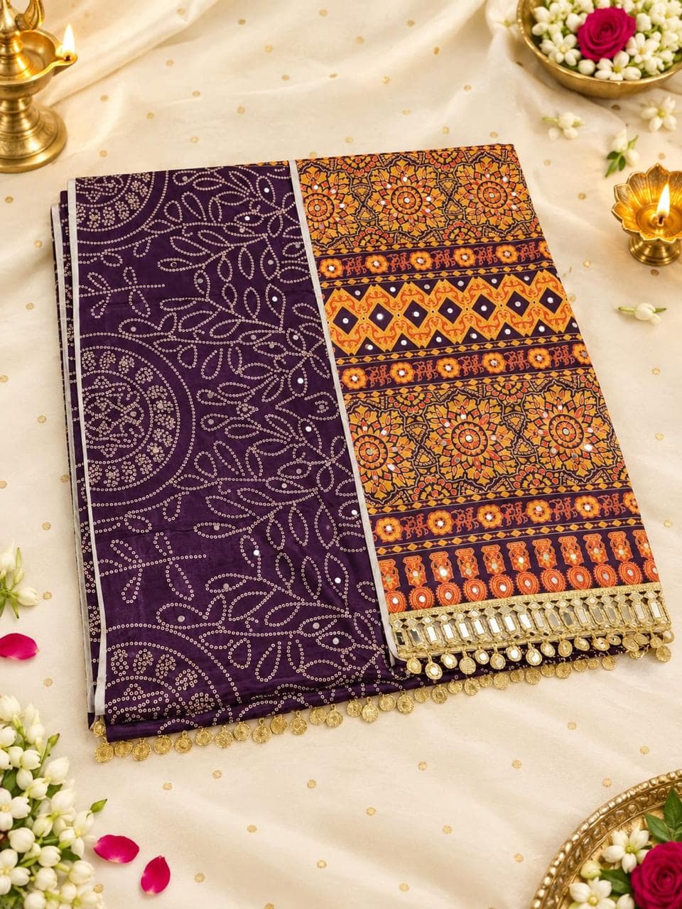 Mirror Work Bandhani Saree with Ajrakh Pallu - Purple