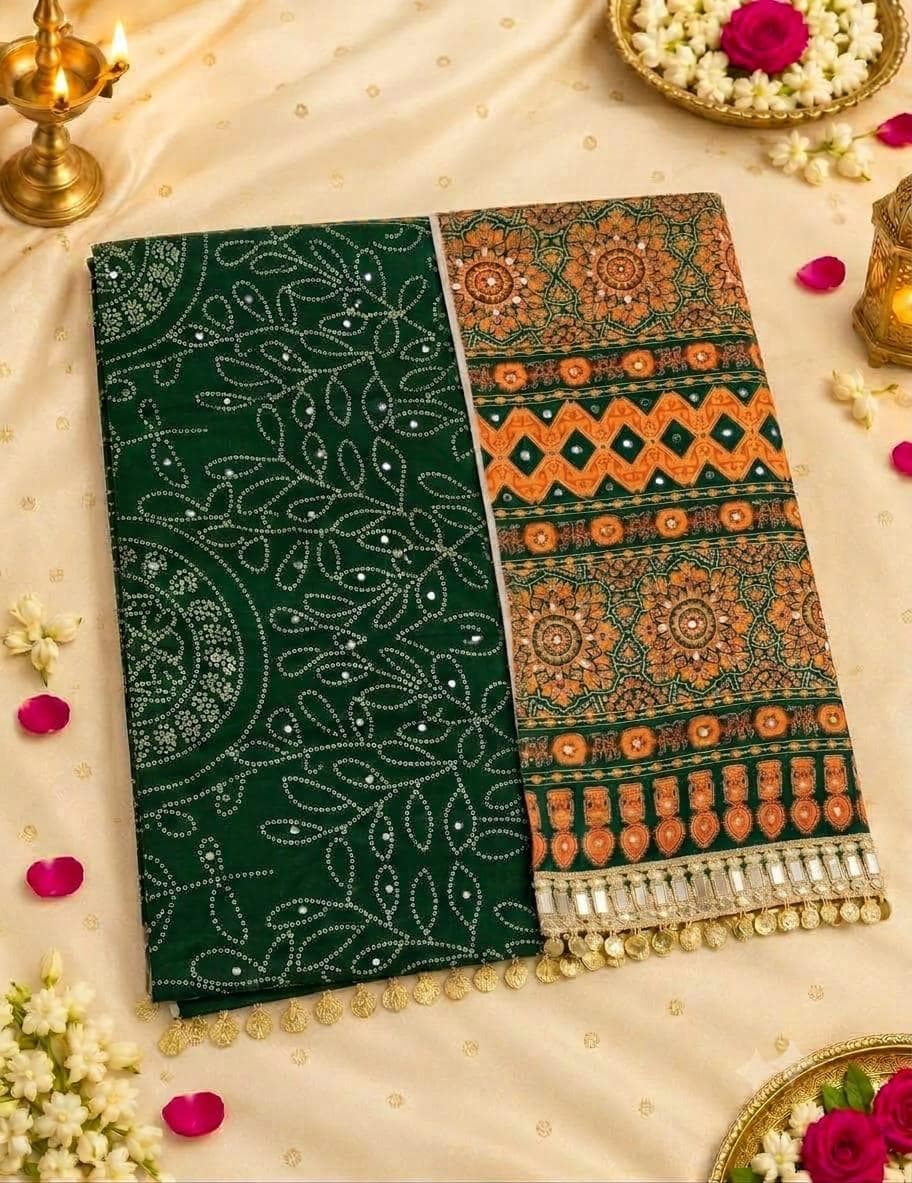 Mirror Work Bandhani Saree with Ajrakh Pallu - Bottle Green