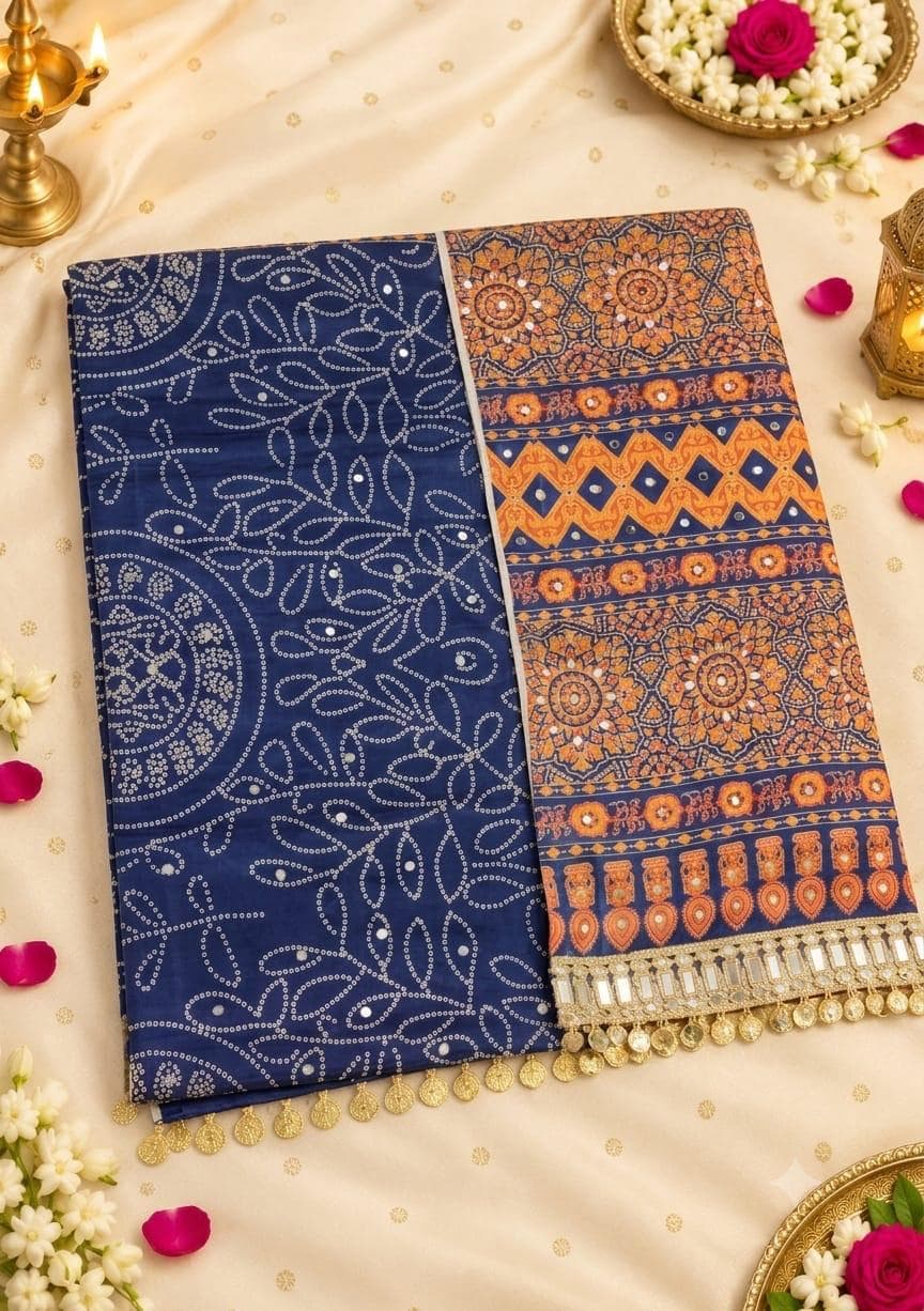 Mirror Work Bandhani Saree with Ajrakh Pallu - Navy Blue