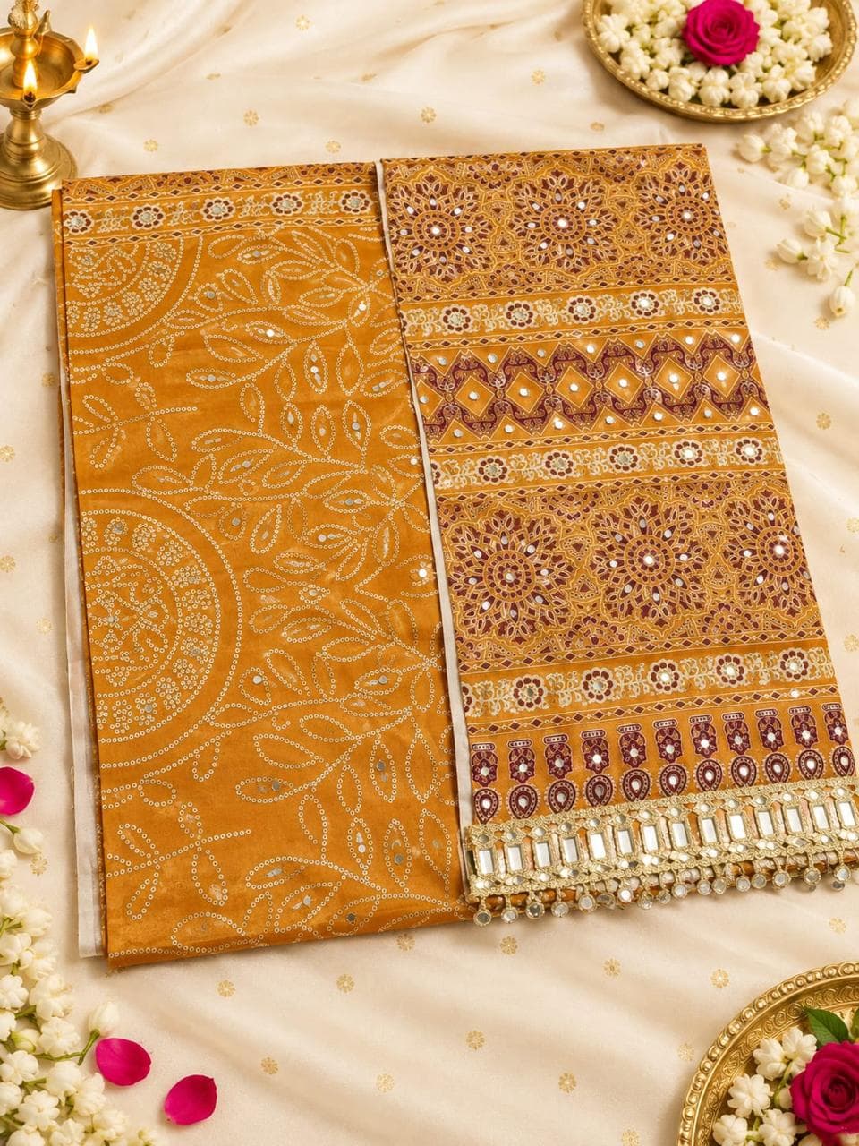 Mirror Work Bandhani Saree with Ajrakh Pallu - Mustard