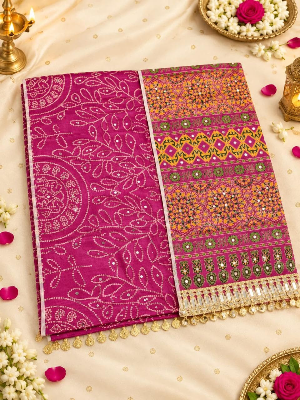 Mirror Work Bandhani Saree with Ajrakh Pallu - Magenta