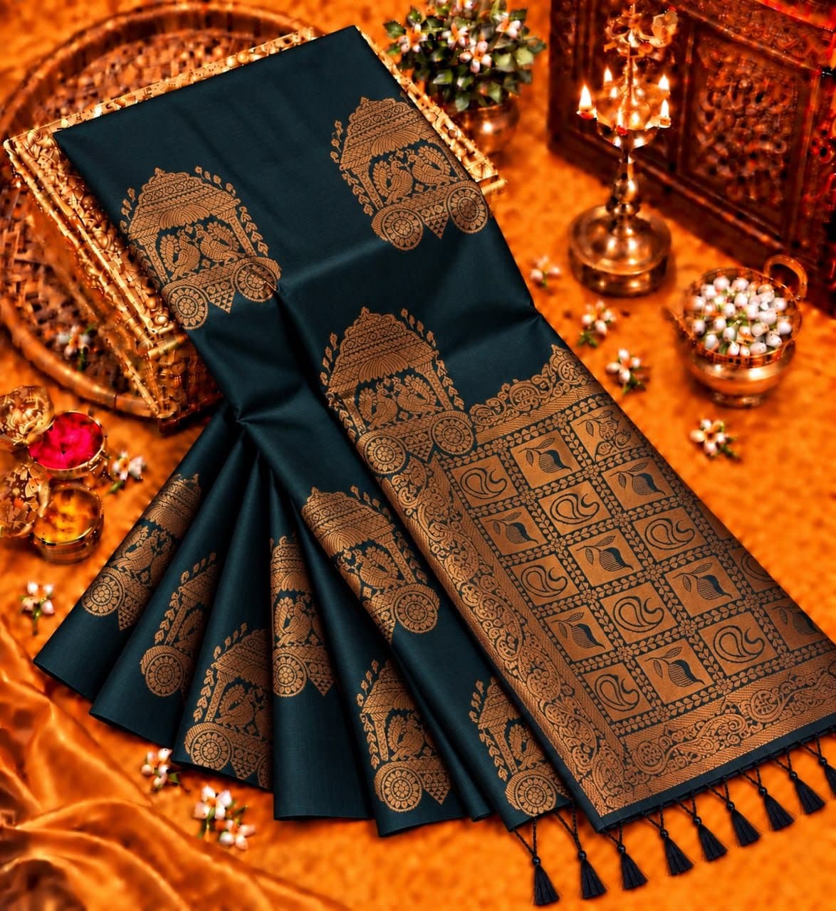 Soft Silk Saree - Dark Teal Copper Zari (Chariot Motif)
