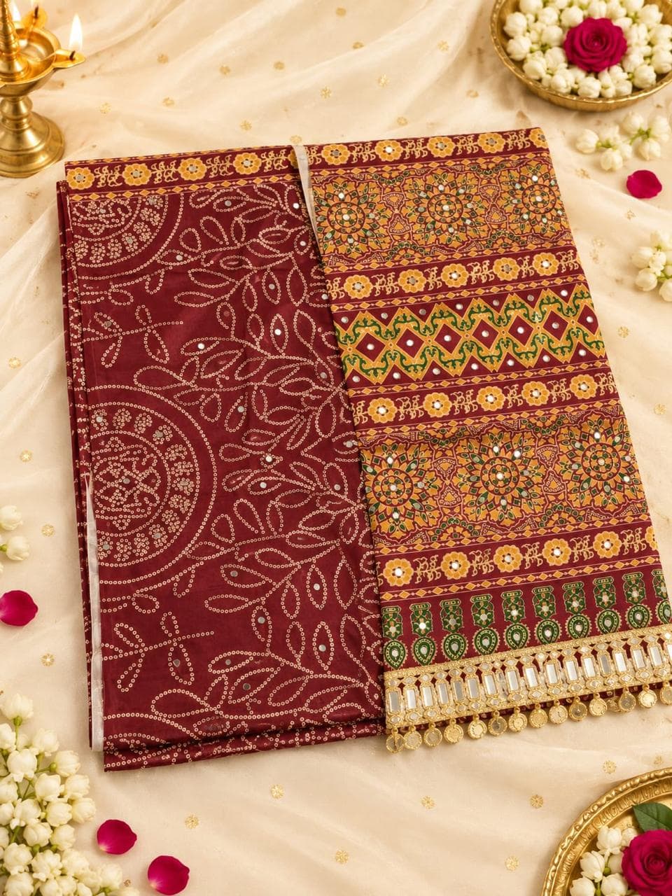 Mirror Work Bandhani Saree with Ajrakh Pallu - Maroon