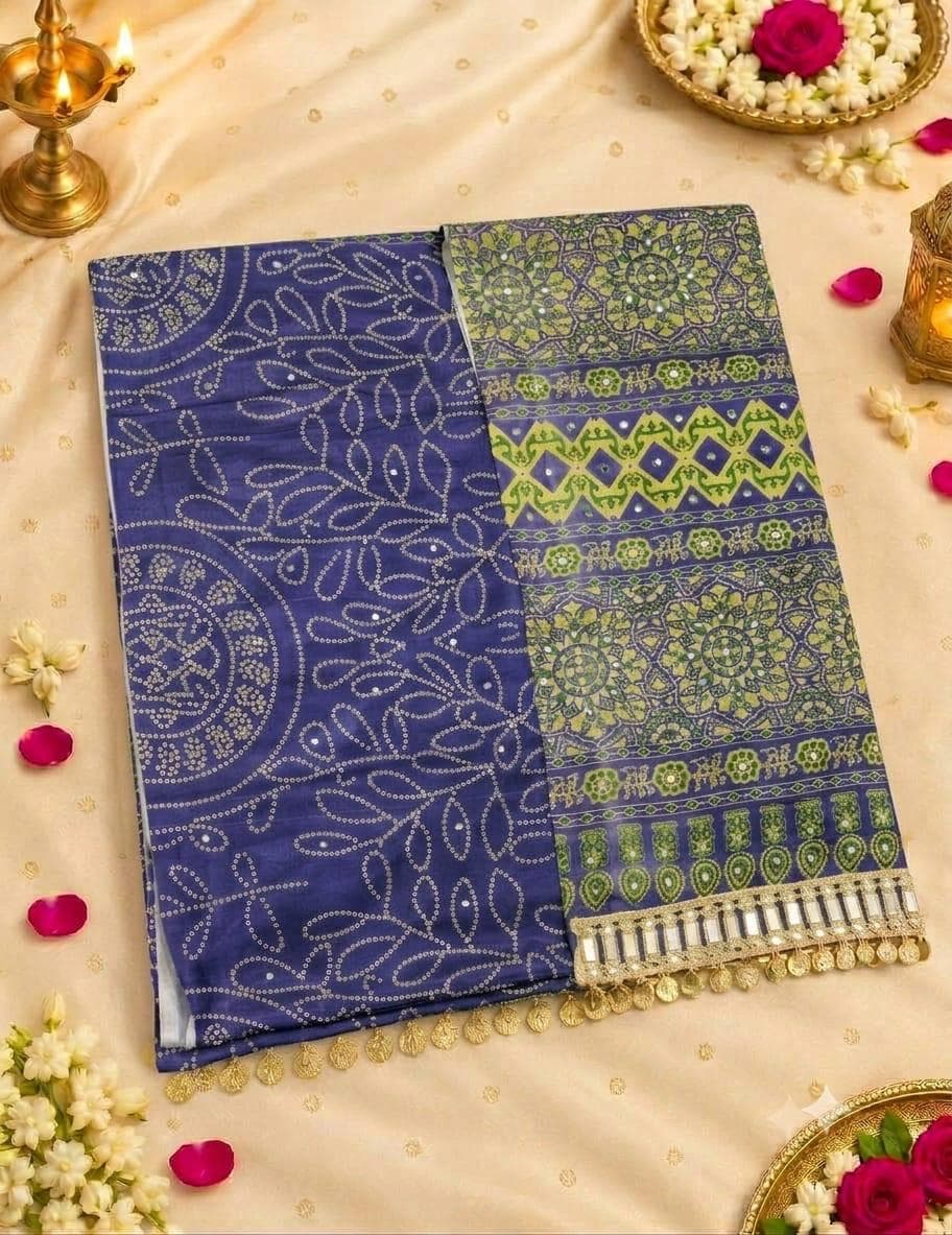 Mirror Work Bandhani Saree with Ajrakh Pallu - Lavender Blue