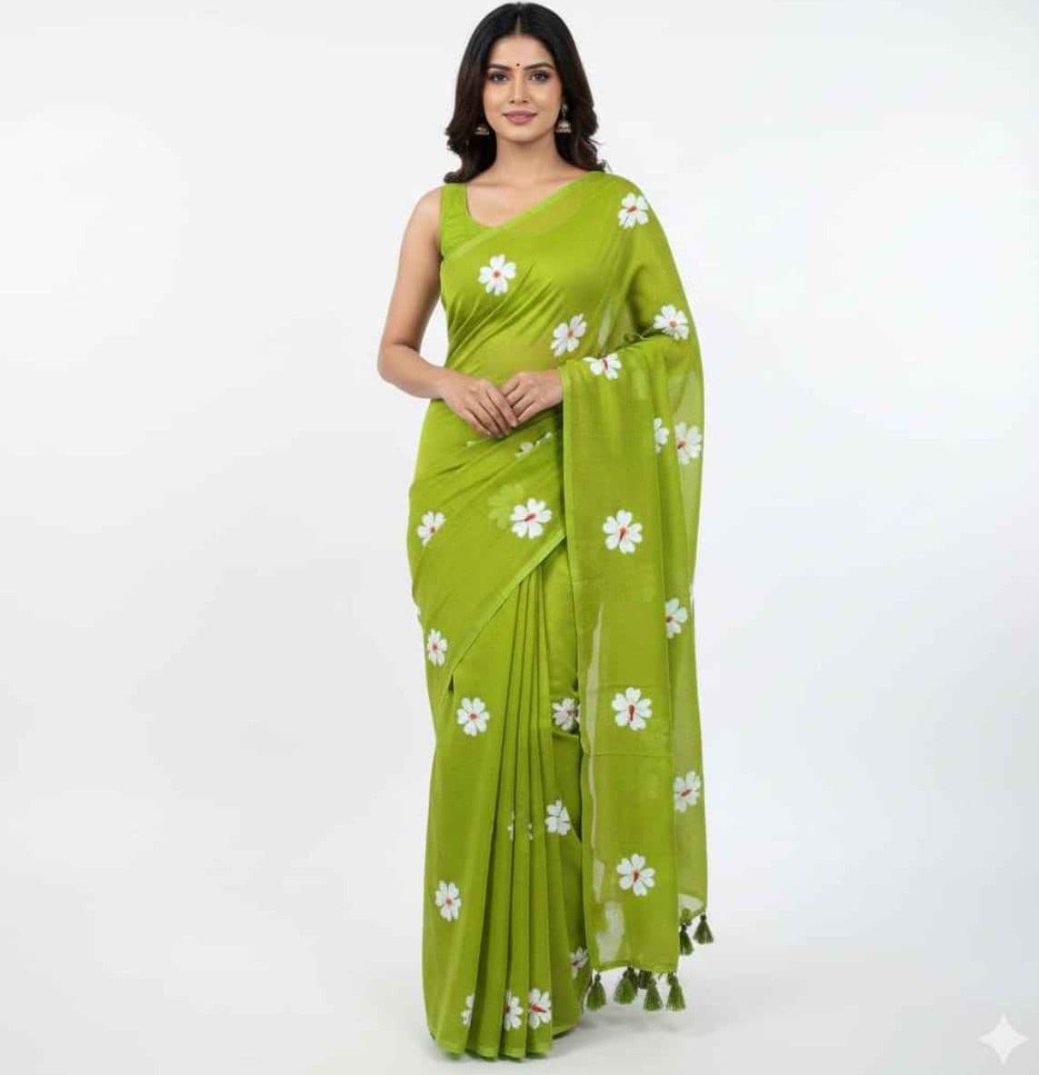 Parrot Green Floral Khadi Cotton Saree with Tassels