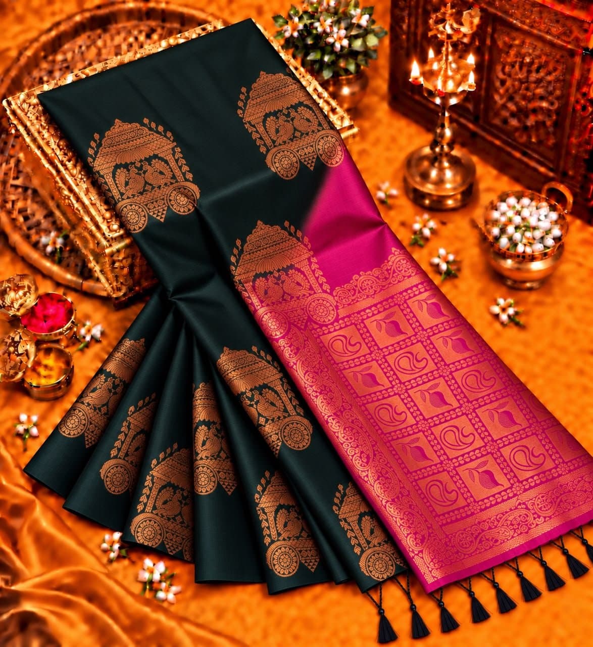 Soft Silk Saree - Black with Pink Pallu (Chariot Motif)