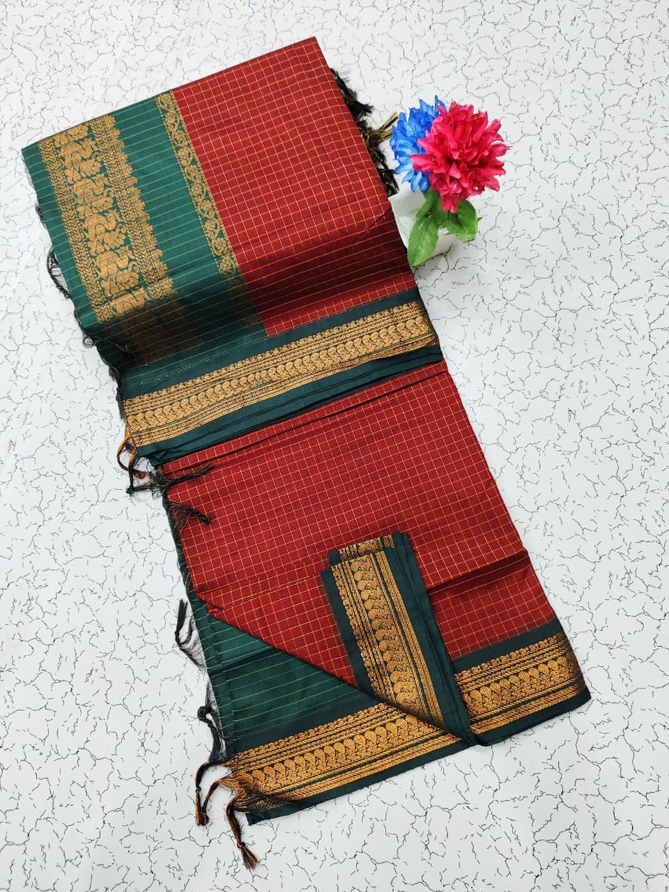 Kalyani Checked Cotton Saree - Maroon with Green Zari Border