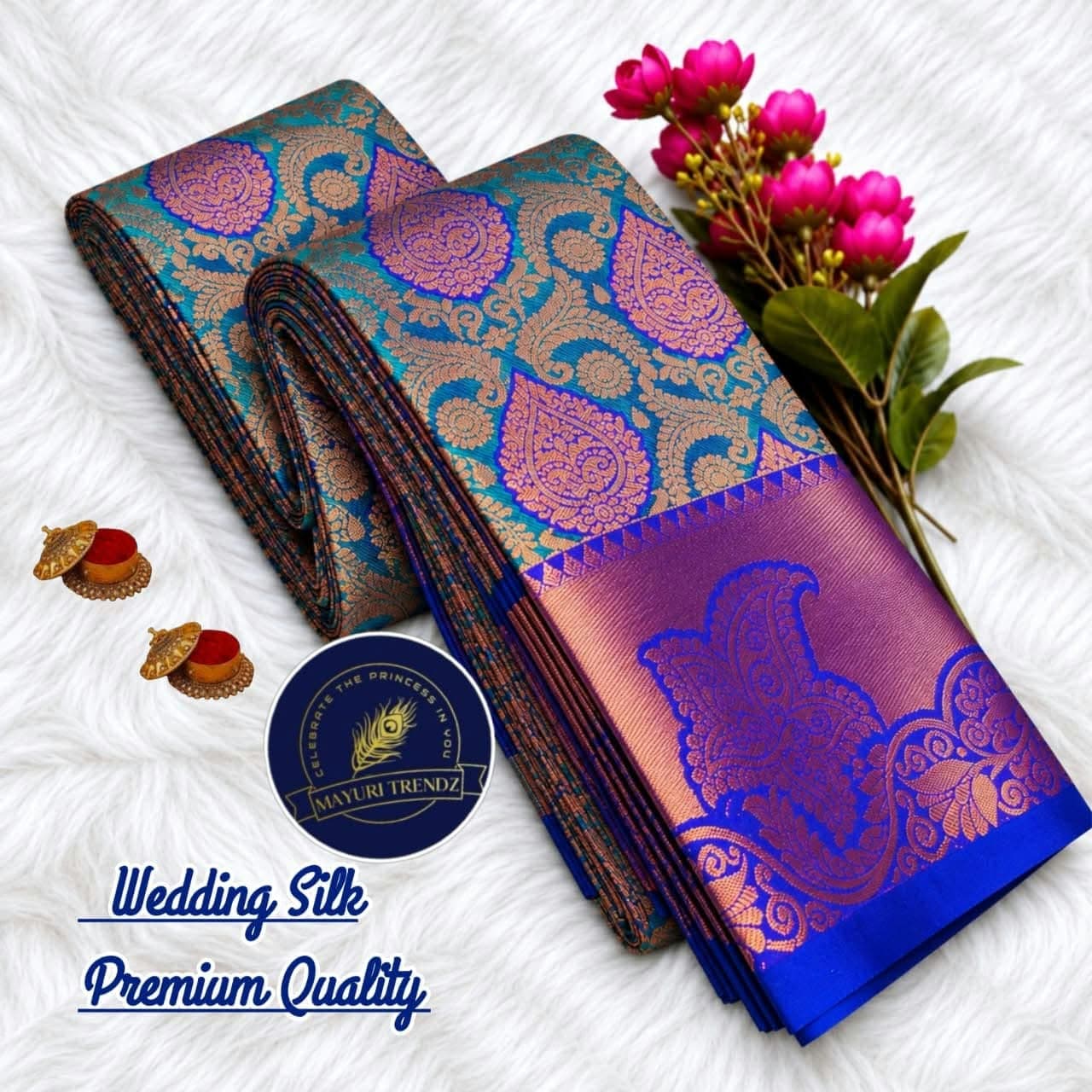 Wedding Silk Saree - Peacock Blue with Royal Blue Border