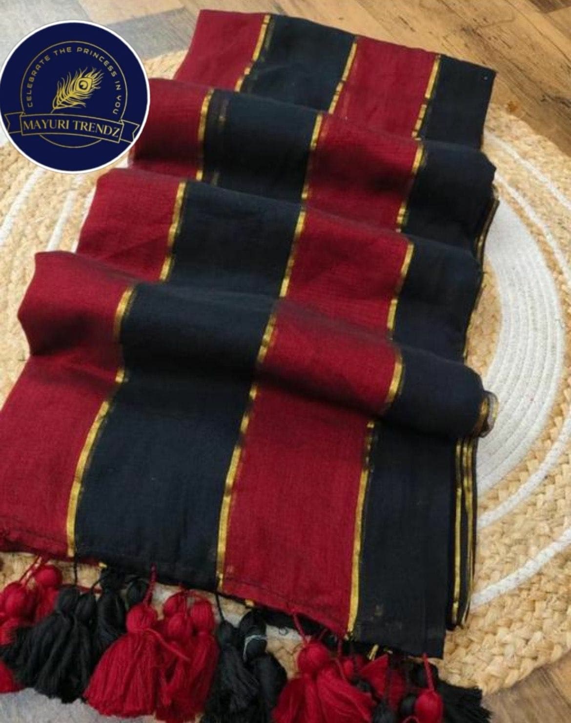 Maroon & Black Striped Mul Cotton Saree with Tassels