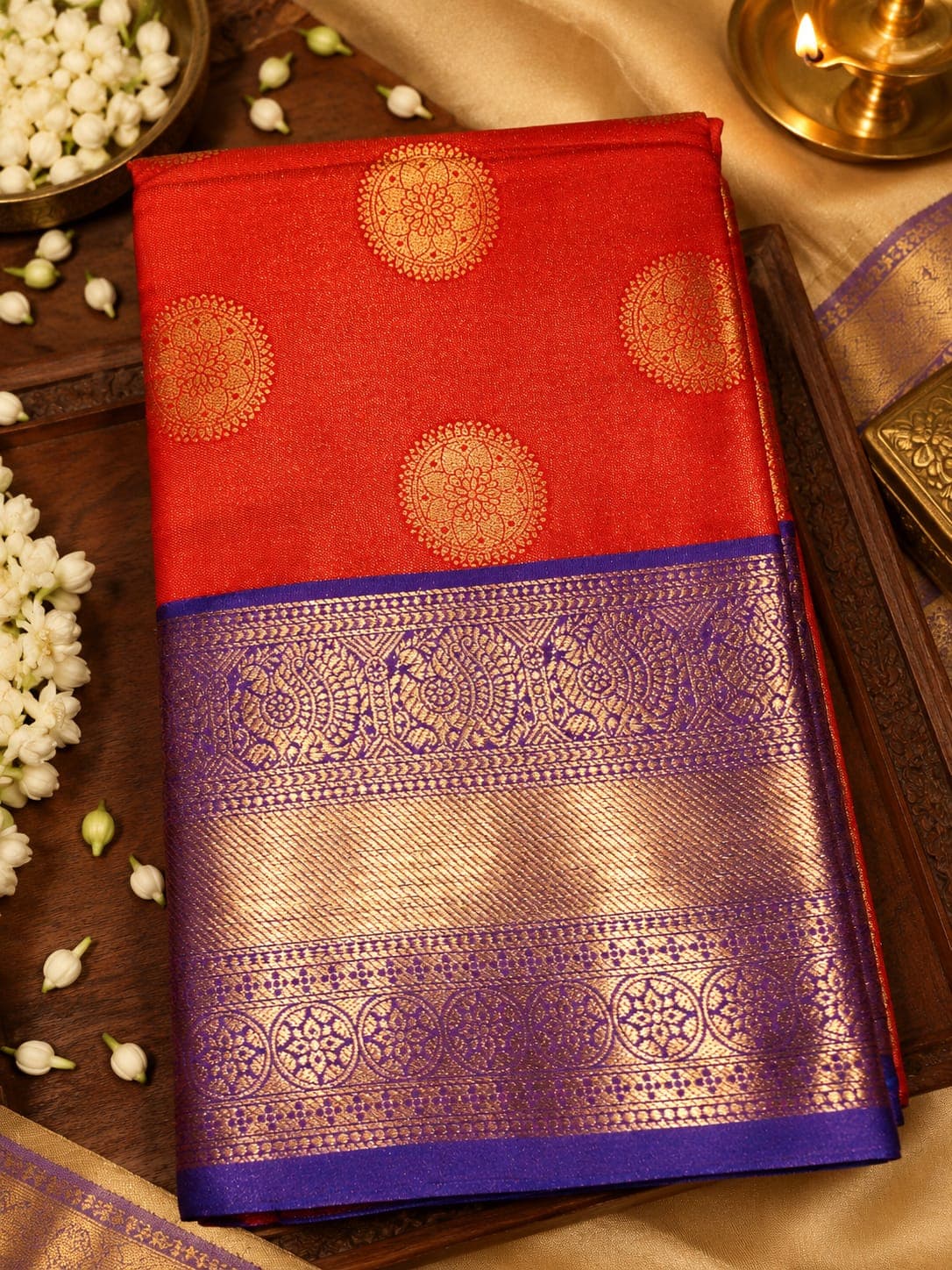 Red Soft Silk Saree with Blue Zari Border
