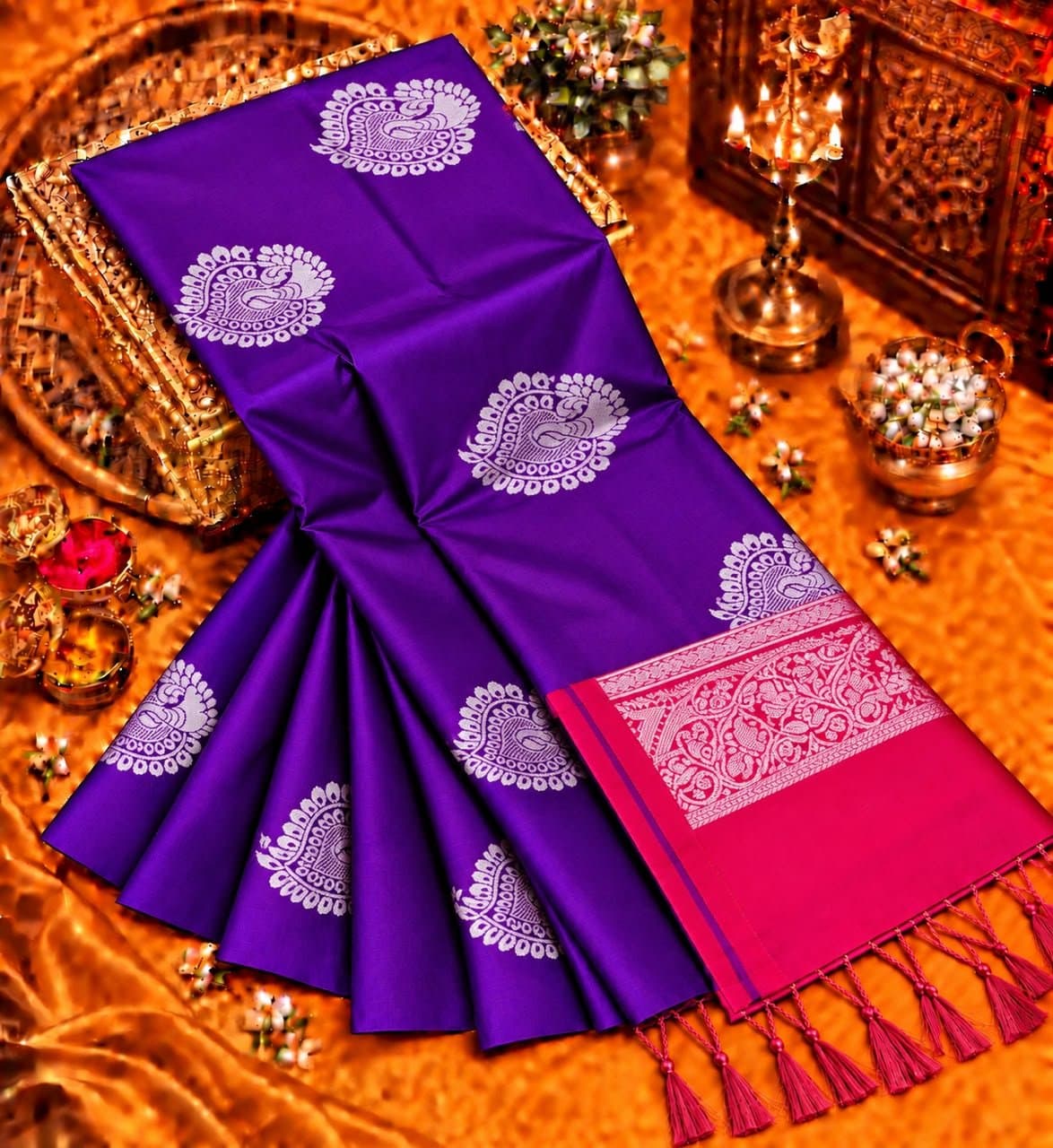 Soft Silk Saree - Purple with Silver Motifs & Pink Pallu