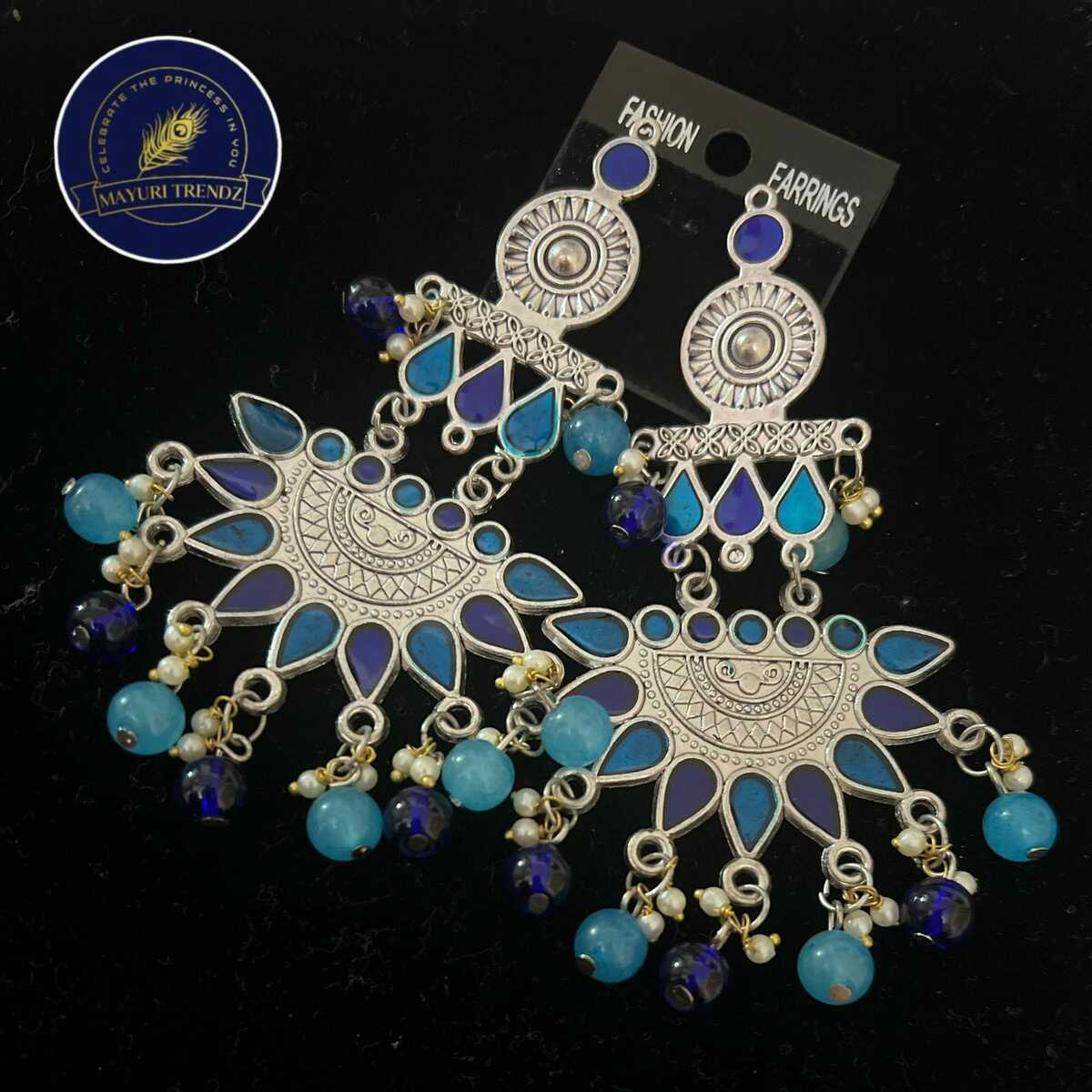 Long Blue Colour Oxidised Earrings